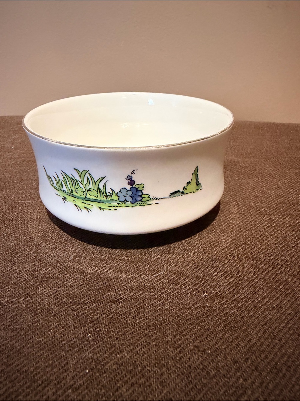 Crown Sterling White Fine Bone China Bowl with Green Grass and Blue Floral Motif